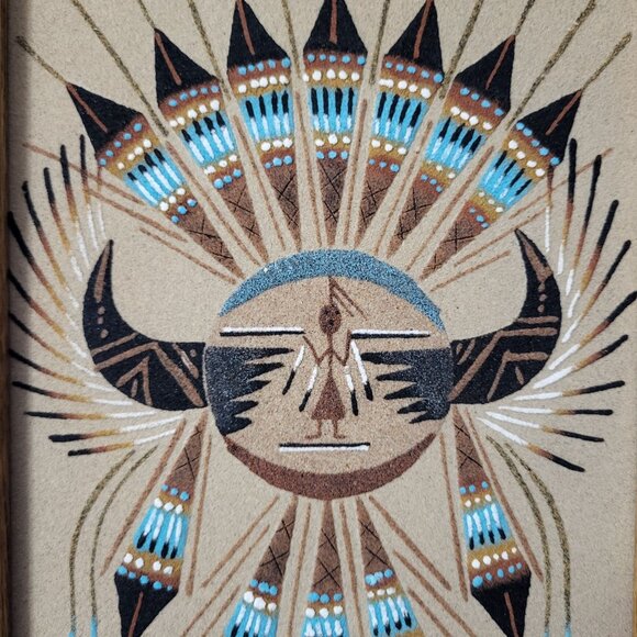Signed Navajo Native American Sun Sand Art Wall Decor Wooden Frame 15.5" X 10" - Picture 5 of 7